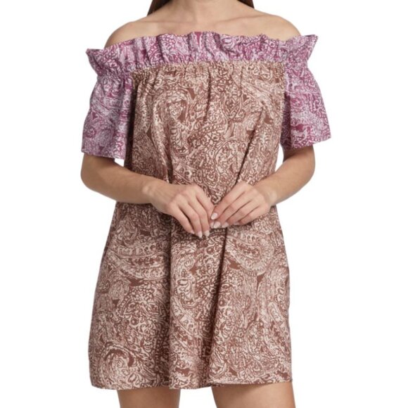 Free People Dress Womens Small Sophie Printed Off The Shoulder Cotton Mini S - Picture 1 of 9